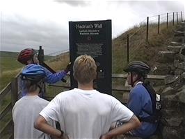 Checking out a short history of Hadrian's Wall at Cawfields Milecastle 42